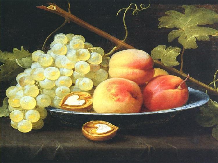 Jacob van Es Nature morte aux peches, raisins et noix sur un entablement Sweden oil painting art